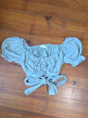 Petal & Pup Muted Teal Puff Sleeve Tie-back Croppwd Top